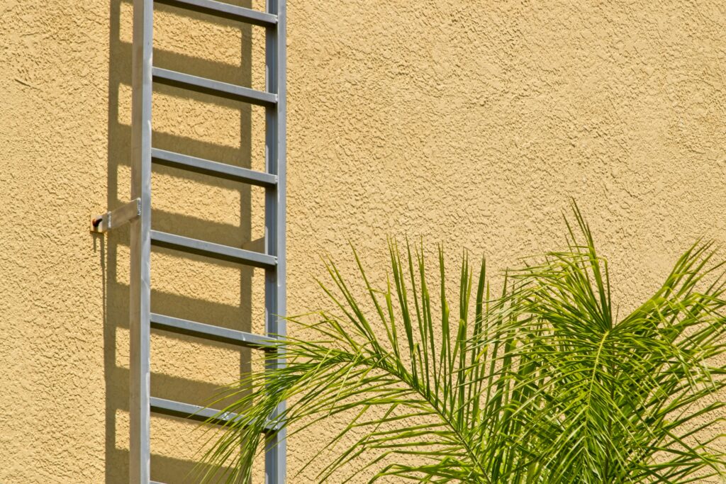 Closeup of a yellow stucco wall with a metal ladder and a green plant.
